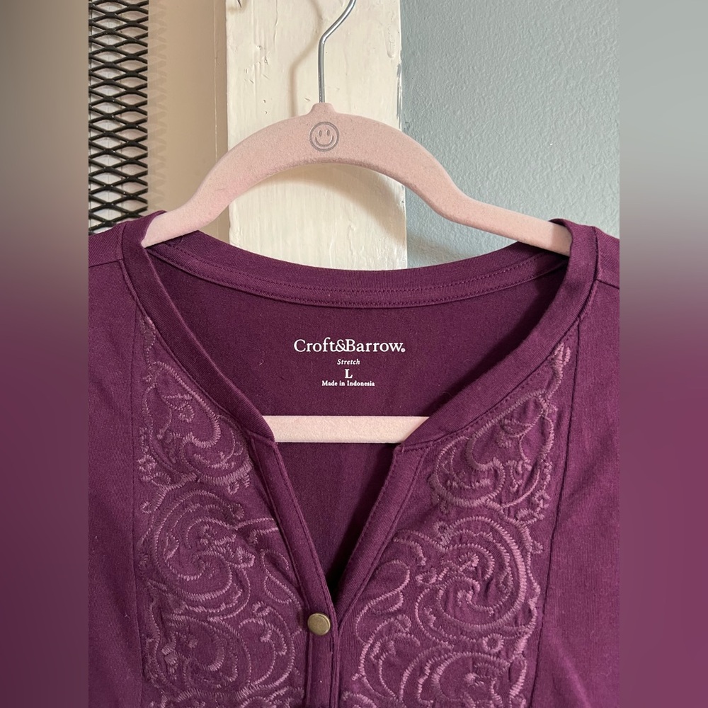 croft & barrow Plum Embroidered Split-Neck Tunic - Picture 2 of 2